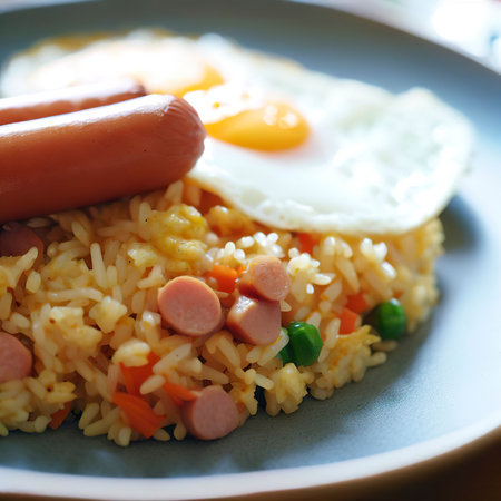 Fried rice with sausage and fried egg on white backgroundの素材
