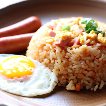 Fried rice with sausage and fried egg on white backgroundの素材