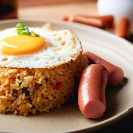 Fried rice with sausage and fried egg on white backgroundの素材