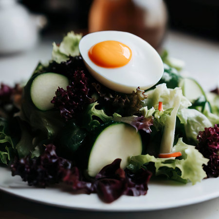 Healthy salad with egg on a white plateの素材