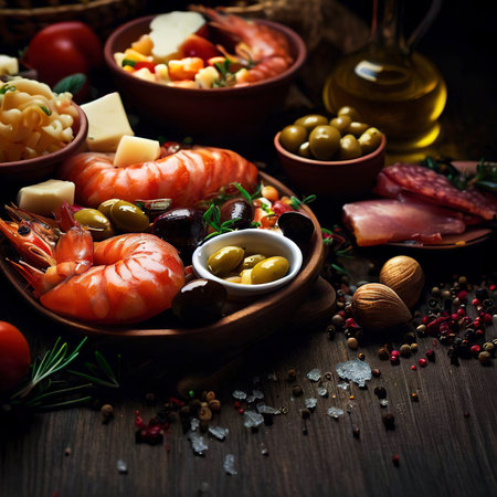 Mediterranean food on a dark wooden rustic backgroundの素材