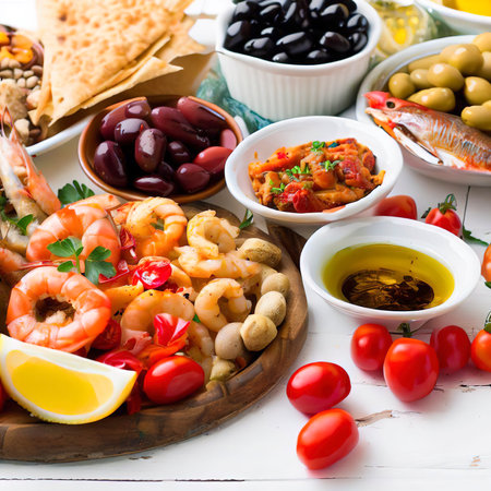 Mediterranean food on a white wooden rustic backgroundの素材