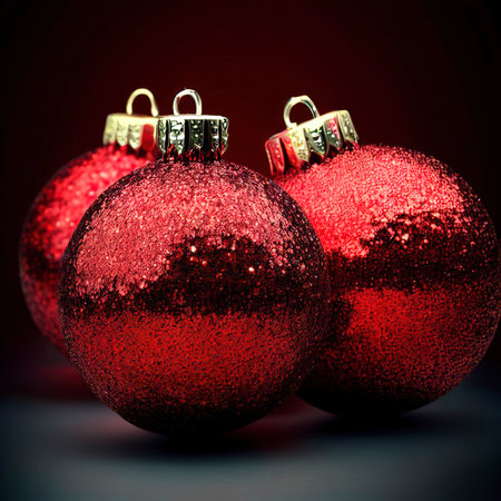 Red shiny christmas decorative balls isolated on dark backgroundの素材