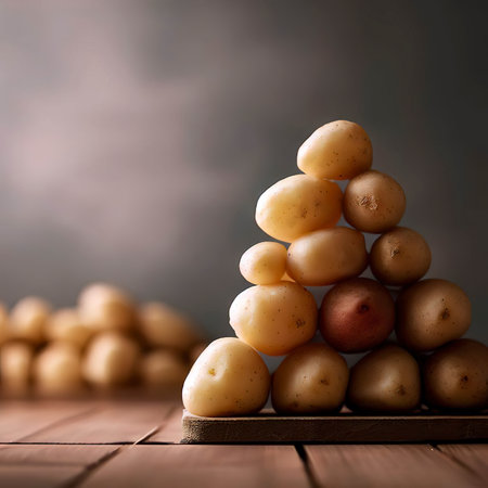 Side view of potatoes set in pyramid shape on wooden surface and background with copy spaceの素材