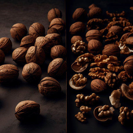 Walnuts with and without shells filling the view on dark backgroundの素材