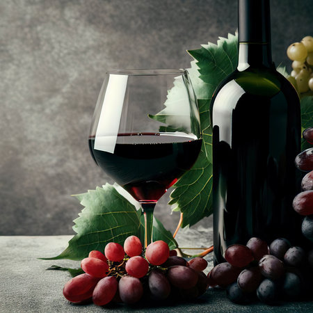 Wine and grapes on gray backgroundの素材