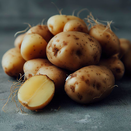 Young potatoes on a gray backgroundの素材