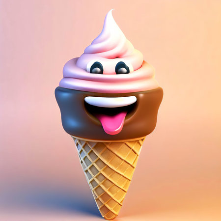 3D Illustration of a Cheerful Ice Cream Cone with a Faceの素材