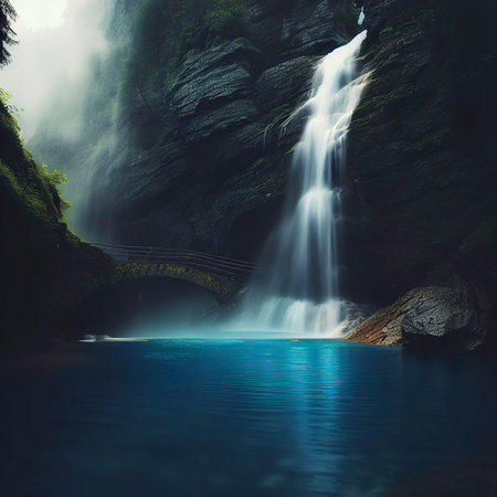 A waterfall in the mountains with a blue pool and a bridge in the foregroundの素材