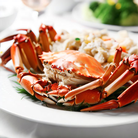 Appetizing crab dish on a white plate in a restaurantの素材