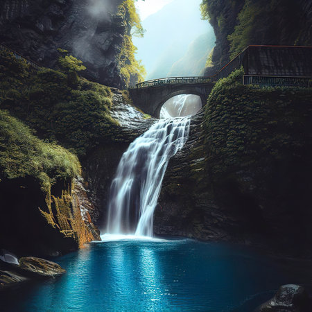 A waterfall in the mountains with a blue pool and a bridge in the foregroundの素材