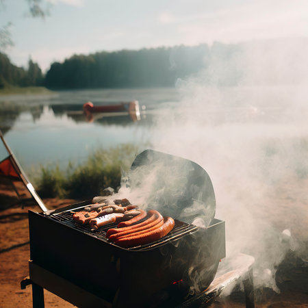 Barbecue on the lake Camping in the summerの素材
