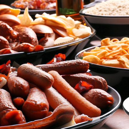 Assortment of beer snacks close up on counterの素材