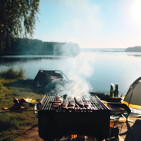 Barbecue on the lake Camping in the summerの素材