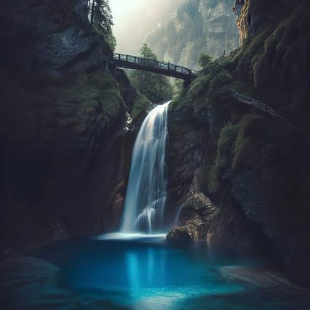 A waterfall in the mountains with a blue pool and a bridge in the foregroundの素材