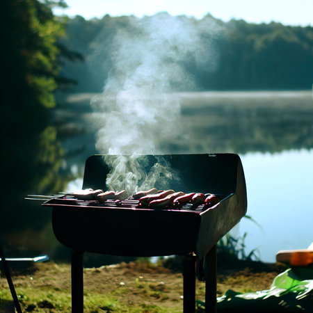 Barbecue on the lake Camping in the summerの素材