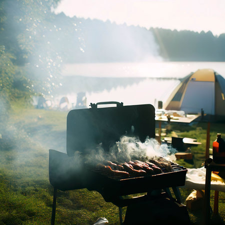 Barbecue on the lake Camping in the summerの素材