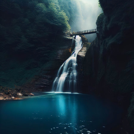 A waterfall in the mountains with a blue pool and a bridge in the foregroundの素材