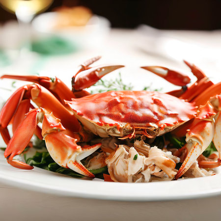 Appetizing crab dish on a white plate in a restaurantの素材