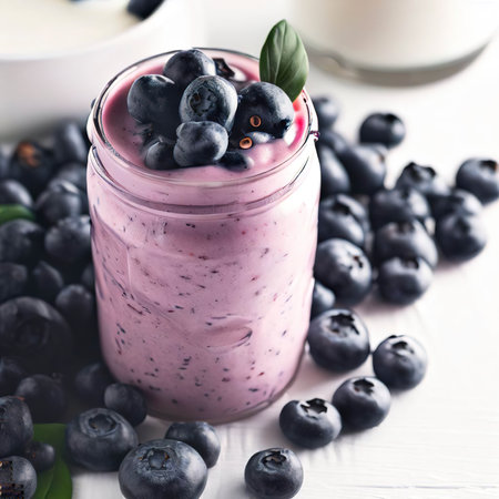 Blueberrie smoothie made with fresh organic blueberries and plain yogurt on white tableの素材