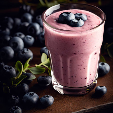 Blueberrie smoothie made with fresh organic blueberries and plain yogurtの素材