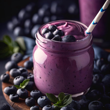 Blueberrie smoothie made with fresh organic blueberries and plain yogurtの素材