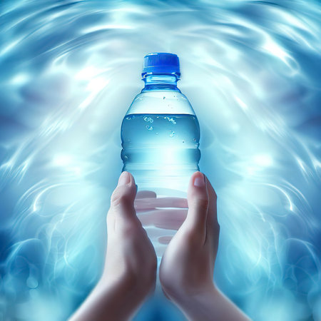 Bottle of water in hands and blue abstract background Concept of healthy lifestyleの素材
