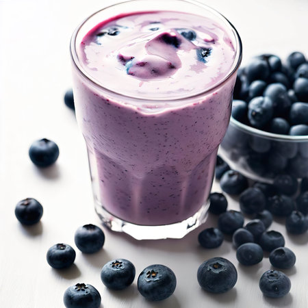 Blueberrie smoothie made with fresh organic blueberries and plain yogurt on white tableの素材