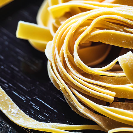 Close up of a raw dry italian pasta fettuccine on black wooden tableの素材