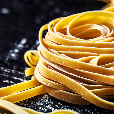 Close up of a raw dry italian pasta fettuccine on black wooden tableの素材
