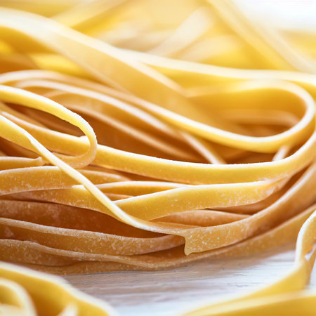 Close up of a raw dry italian pasta fettuccine on white wooden tableの素材