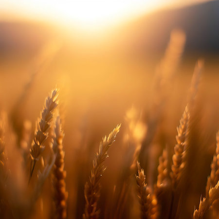 Closeup field wheat sun setting background panoramic technology review prairie landscaping goldenの素材