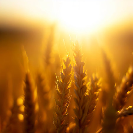 Closeup field wheat sun setting background panoramic technology review prairie landscaping goldenの素材