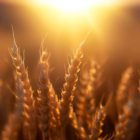 Closeup field wheat sun setting background panoramic technology review prairie landscaping goldenの素材