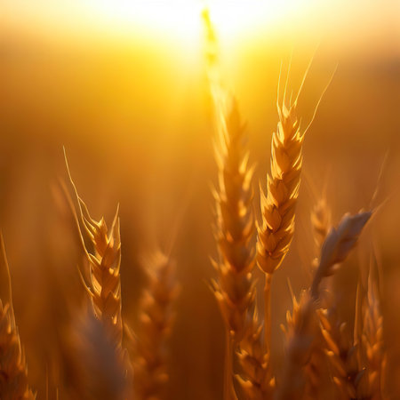 Closeup field wheat sun setting background panoramic technology review prairie landscaping goldenの素材