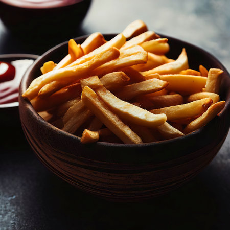 french fries in bowl with ketchup sauceの素材