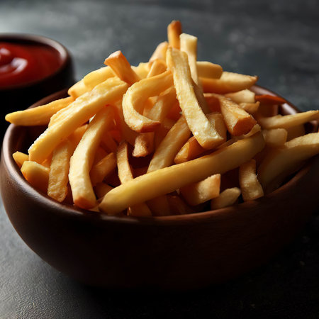 french fries in bowl with ketchup sauceの素材