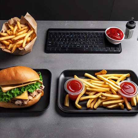 Front view meal black desk with french fries and sandwich on the grey floorの素材