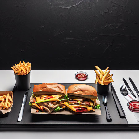 Front view meal black desk with french fries and sandwich on the grey floorの素材
