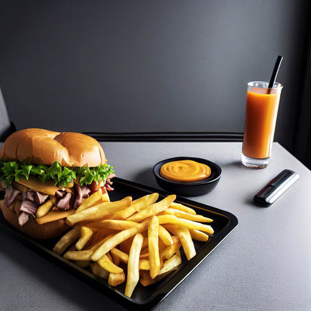 Front view meal black desk with french fries and sandwich on the grey floorの素材