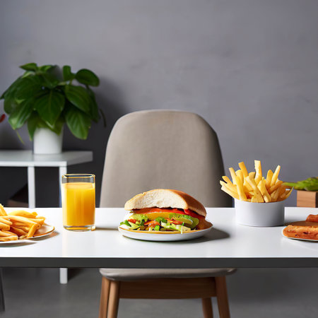 Front view meal white desk with french fries and sandwich on the grey floorの素材