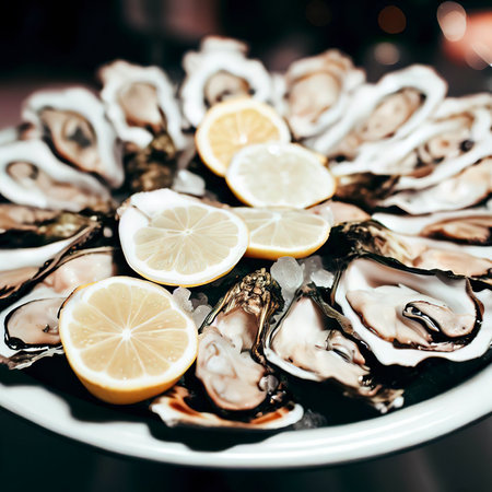 Oysters with lemon served on white round platter luxury delicatessen seafoodの素材