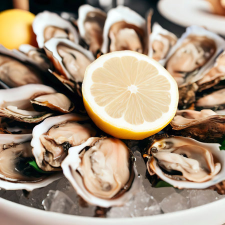 Oysters with lemon served on white round platter luxury delicatessen seafoodの素材