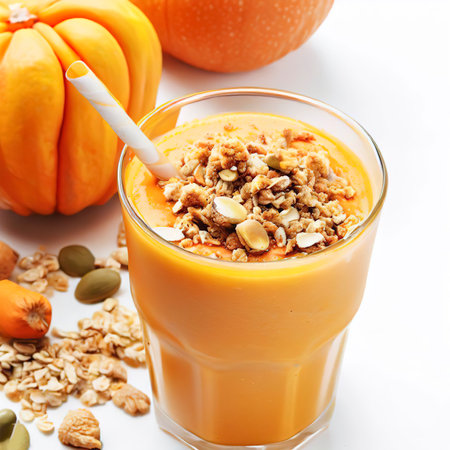 Pumpkin smoothie with granola on top on white backgroundの素材