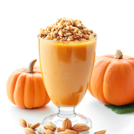 Pumpkin smoothie with granola on top on white backgroundの素材