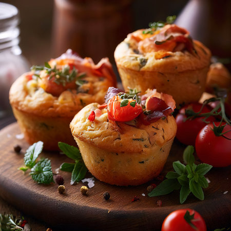 Savory muffins with herbs tomatoes and hamの素材