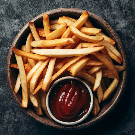 Top view of french fries in bowl with ketchup sauceの素材