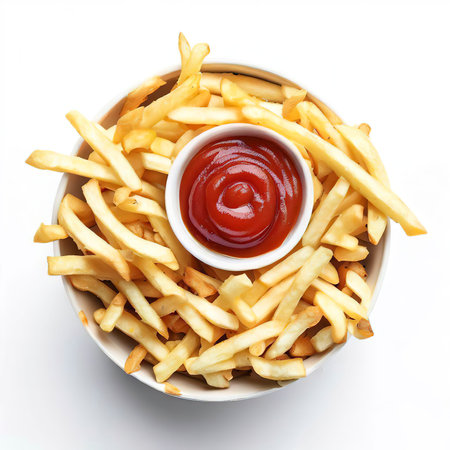 Top view of french fries in bowl with ketchup sauce on white backgroundの素材
