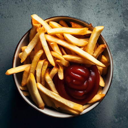 Top view of french fries in bowl with ketchup sauceの素材