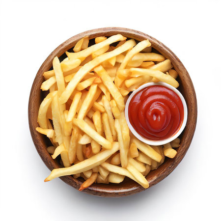 Top view of french fries in bowl with ketchup sauce on white backgroundの素材